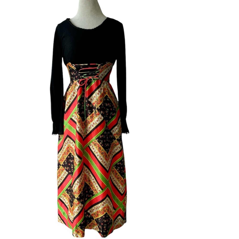 Vtg 70s Colorful Paisley Floral Corset Maxi Dress S Hippie Flower Power Peasant